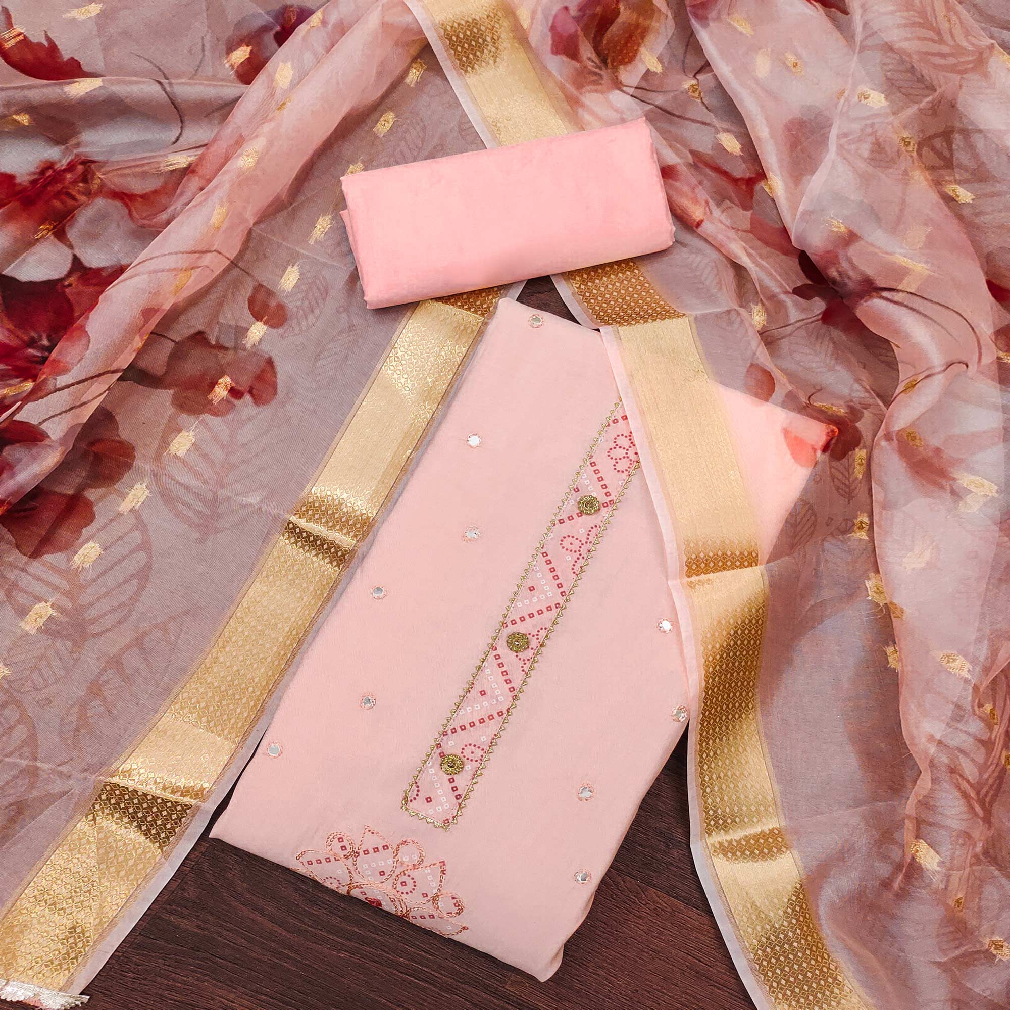 Peach Cotton Silk Dress Material With Intricate Thread Embroidery With Handwork