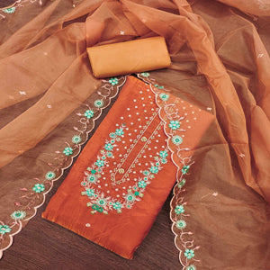 Rusty Orange Dress Material In Viscose With Intricate Floral Sequins Embroidery & Handwork