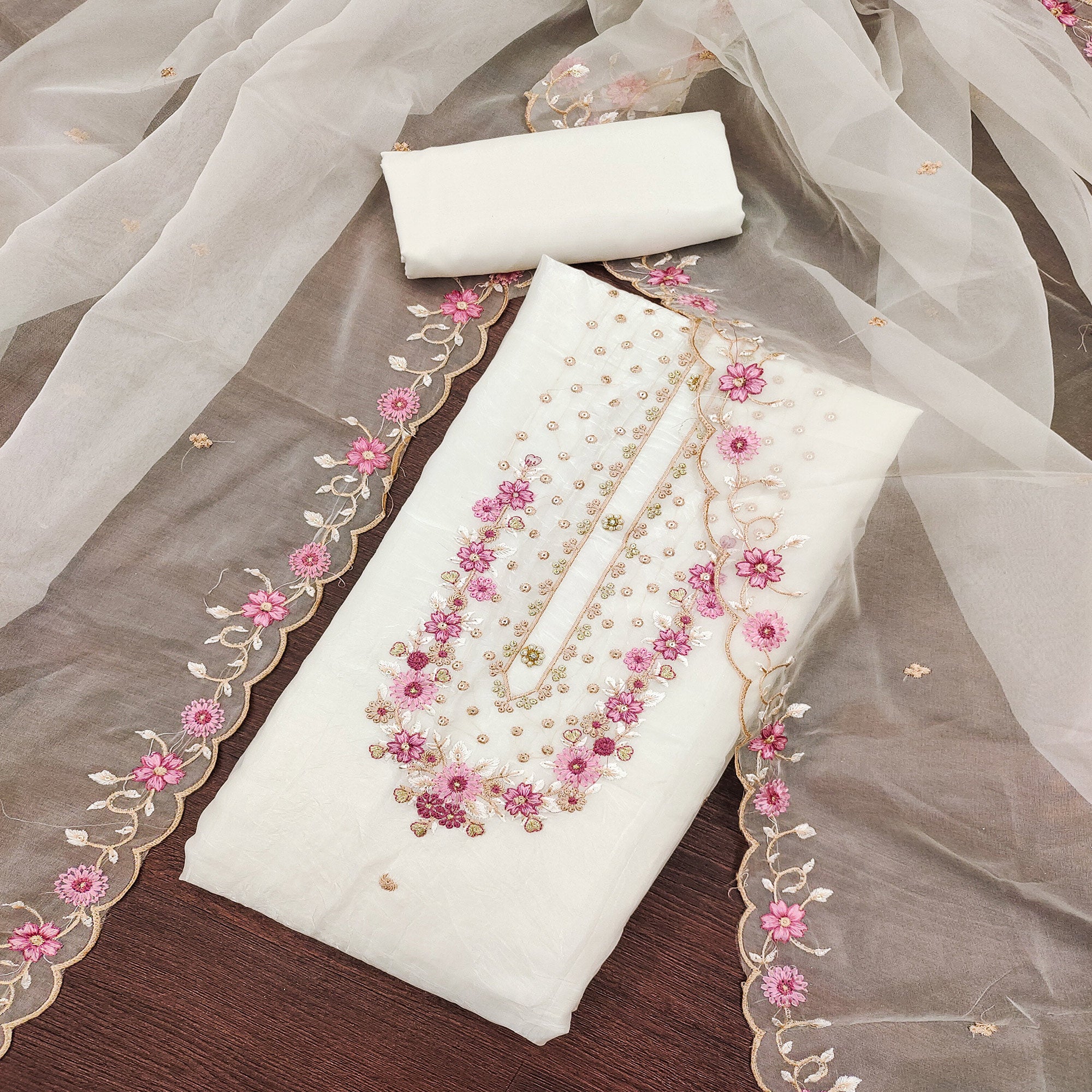 White Dress Material In Viscose With Intricate Floral Sequins Embroidery & Handwork