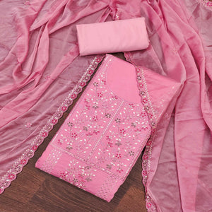 Pink Floral Embroidered Cotton Silk Dress Material With Glimmering Floral Sequins Work