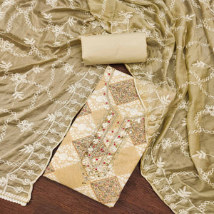 Beige Floral Printed Green Pure Cotton Dress Material With Moti & Gota Patti Handwork Embellishment