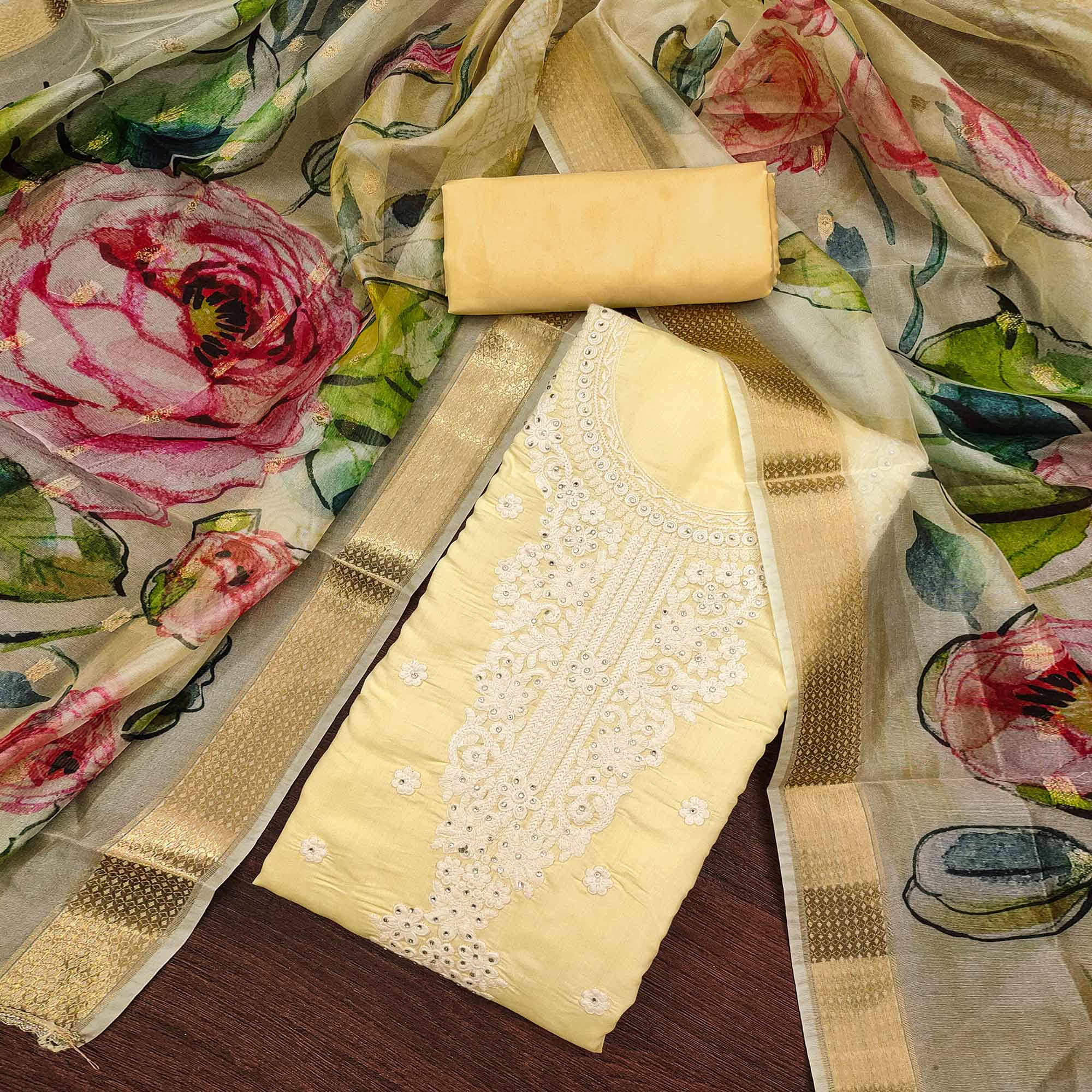 Yellow Thread Embroidered Cotton Silk Dress Material With Floral Motifs & Stone Work
