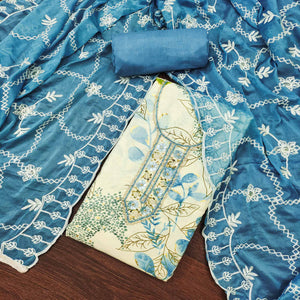 Cream & Blue Floral Printed Pure Cotton Dress Material With Intricate Moti & Stones work