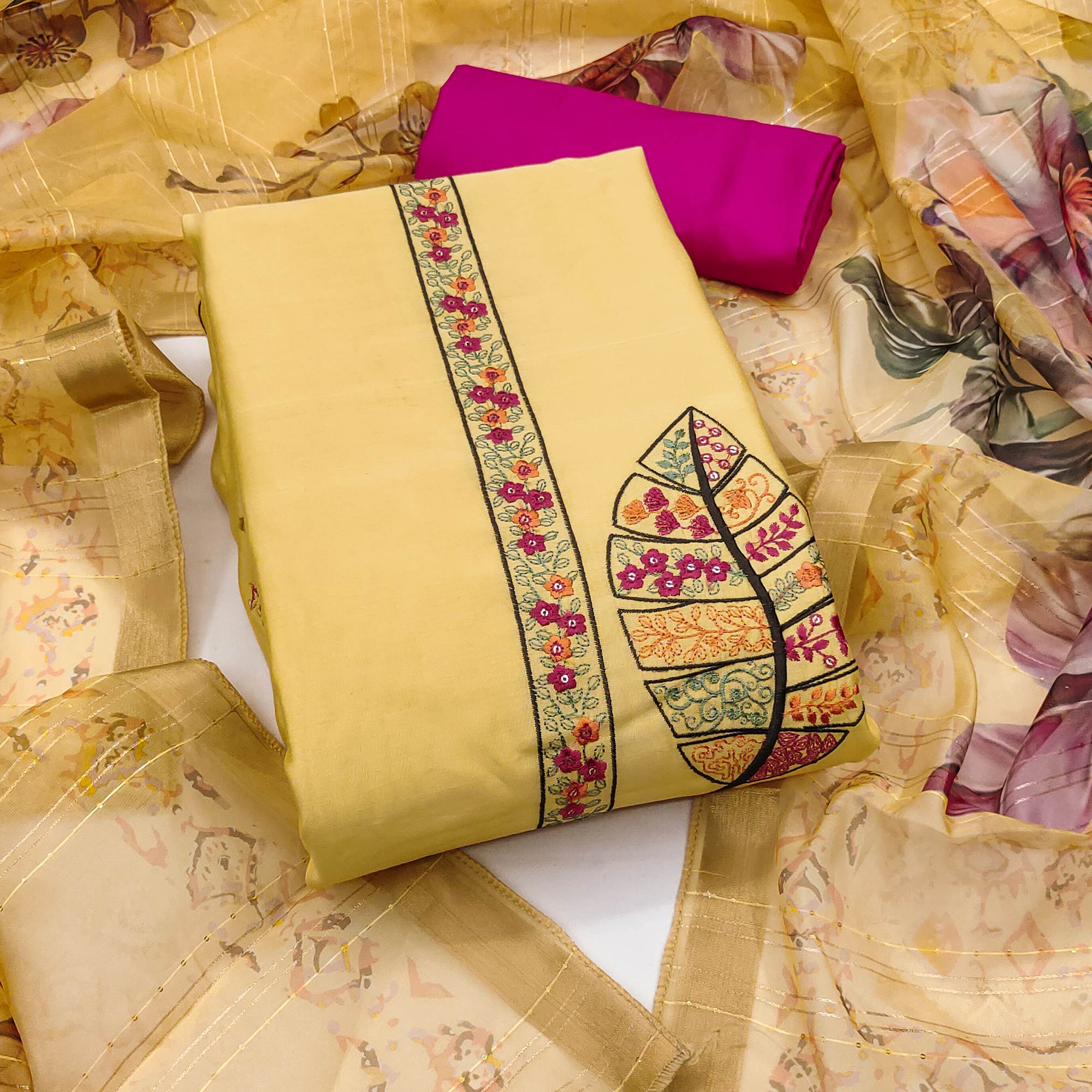 Yellow Delight Floral Sequins Embroidered Cotton Silk Dress Material