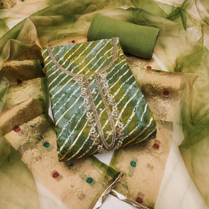 Green Printed With Intricate Moti Handwork Jam Cotton Dress Material