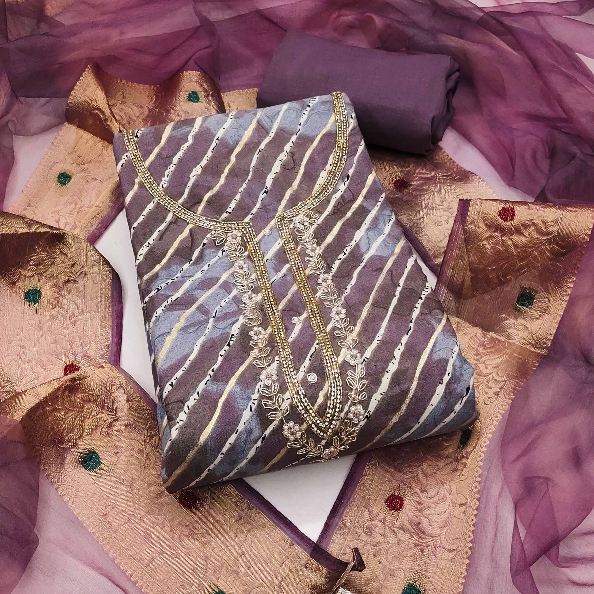 Purple Printed With Intricate Moti Handwork Jam Cotton Dress Material