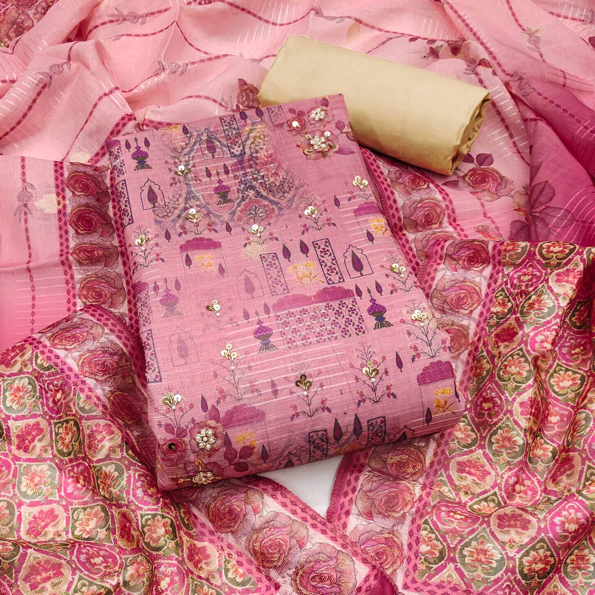 Gajri Pink Digital Printed Viscose Cotton Dress Material With Intricate Moti & Sequins Handwork