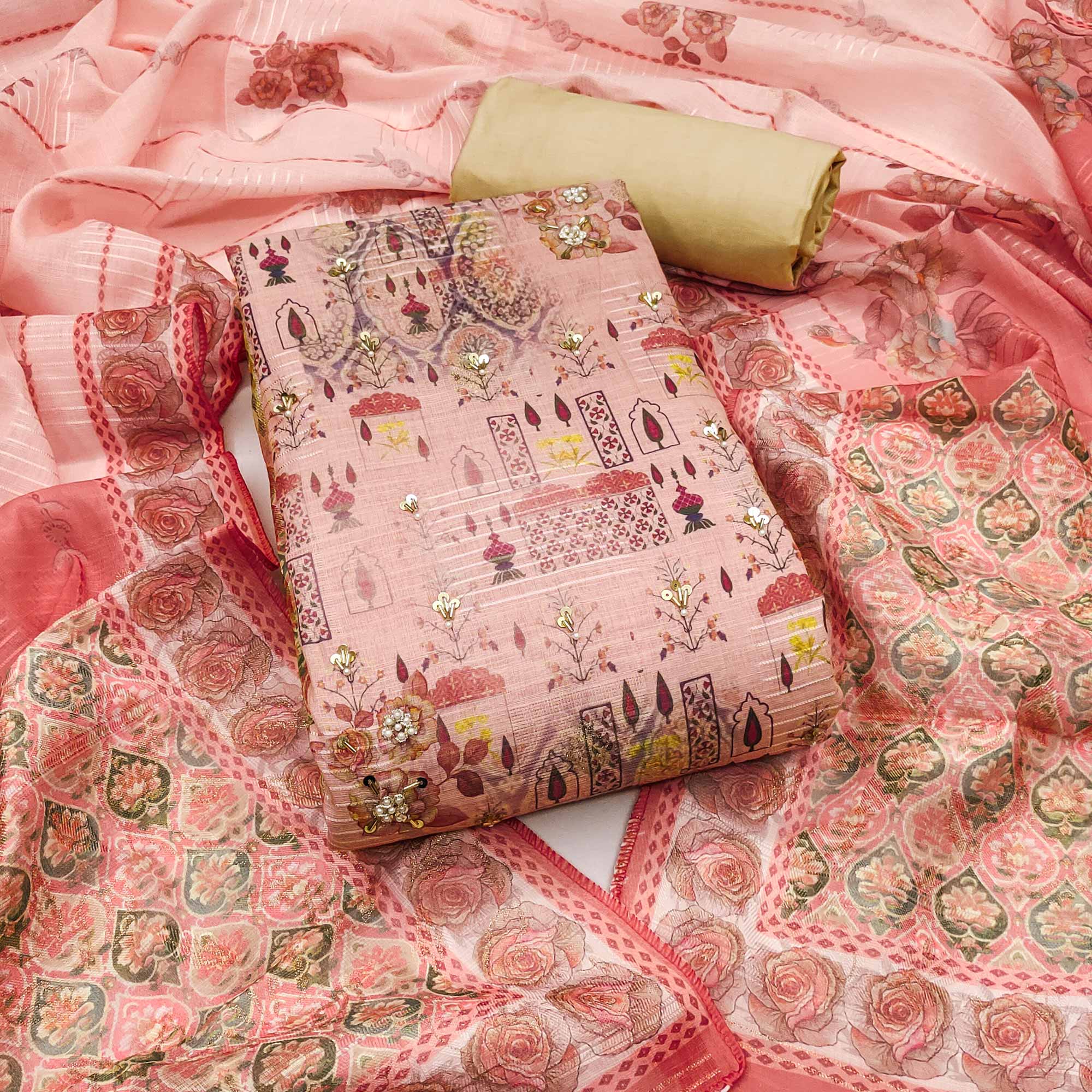 Peach Digital Printed Viscose Cotton Dress Material With Intricate Moti & Sequins Handwork