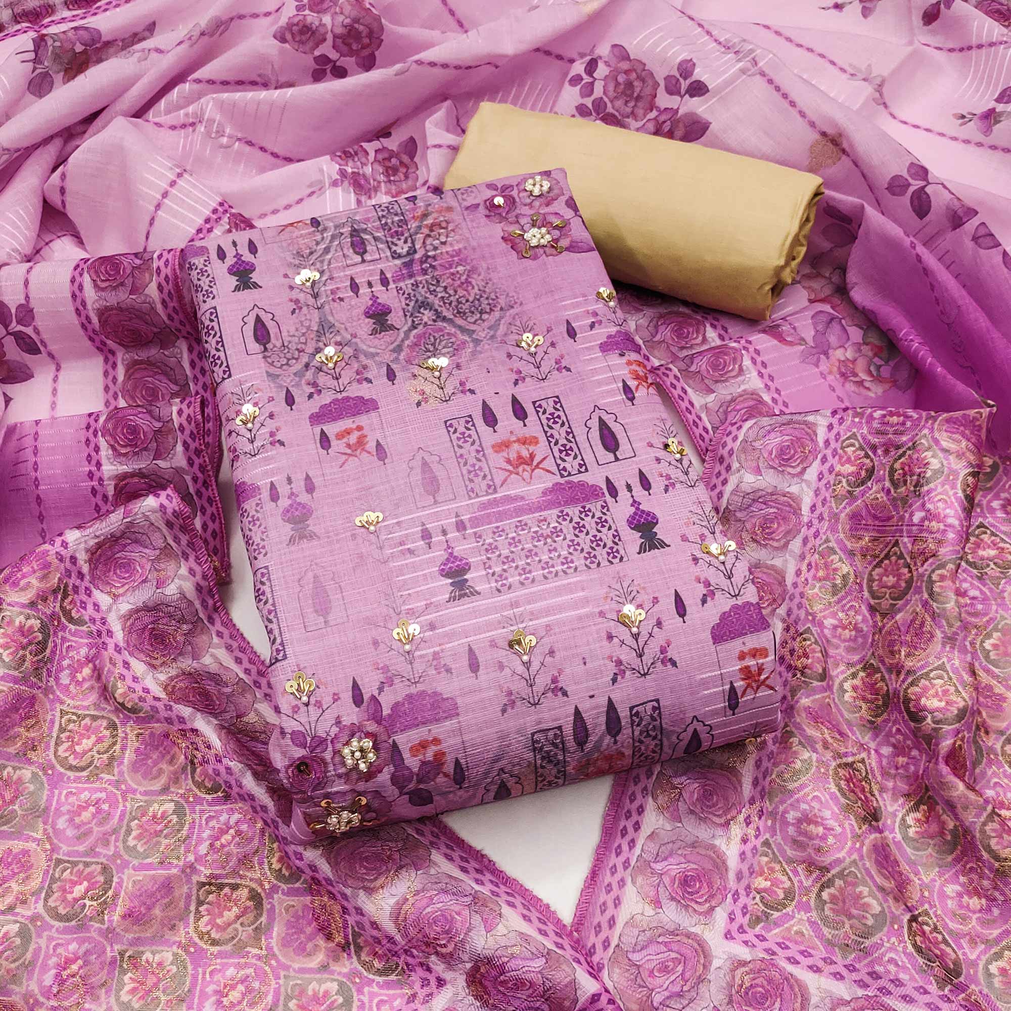 Purple Digital Printed Viscose Cotton Dress Material With Intricate Moti & Sequins Handwork