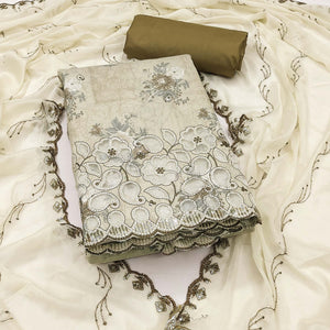 Mehendi Green Floral Cambric Cotton Dress Material With Elegant Embroidery Work