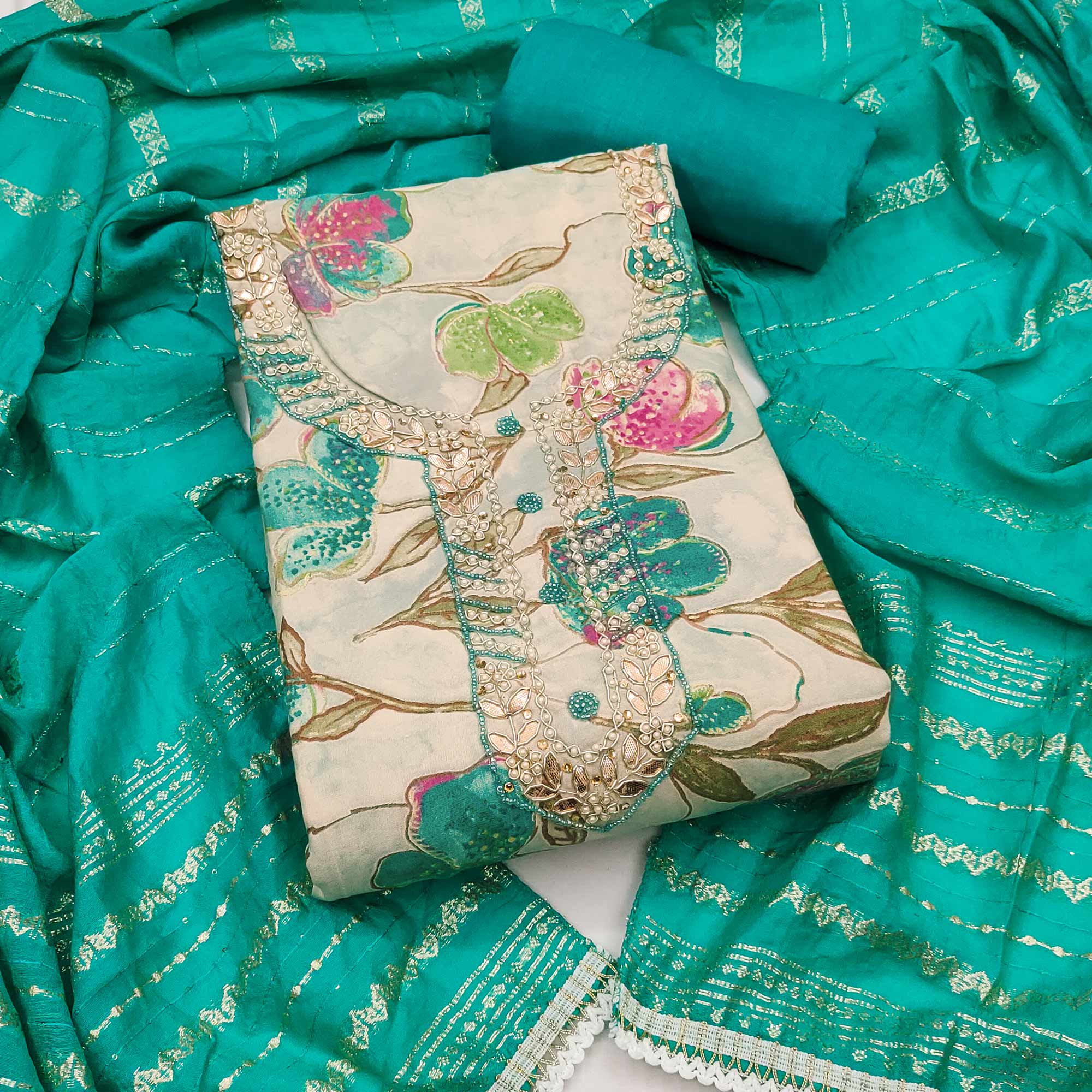 Rama Green In Jam Cotton with Floral Print & Intricate Moti Handwork Dress Material