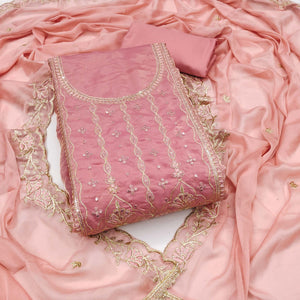 Peach Floral Elegance With Sequins Embroidery On Viscose Satin Dress Material