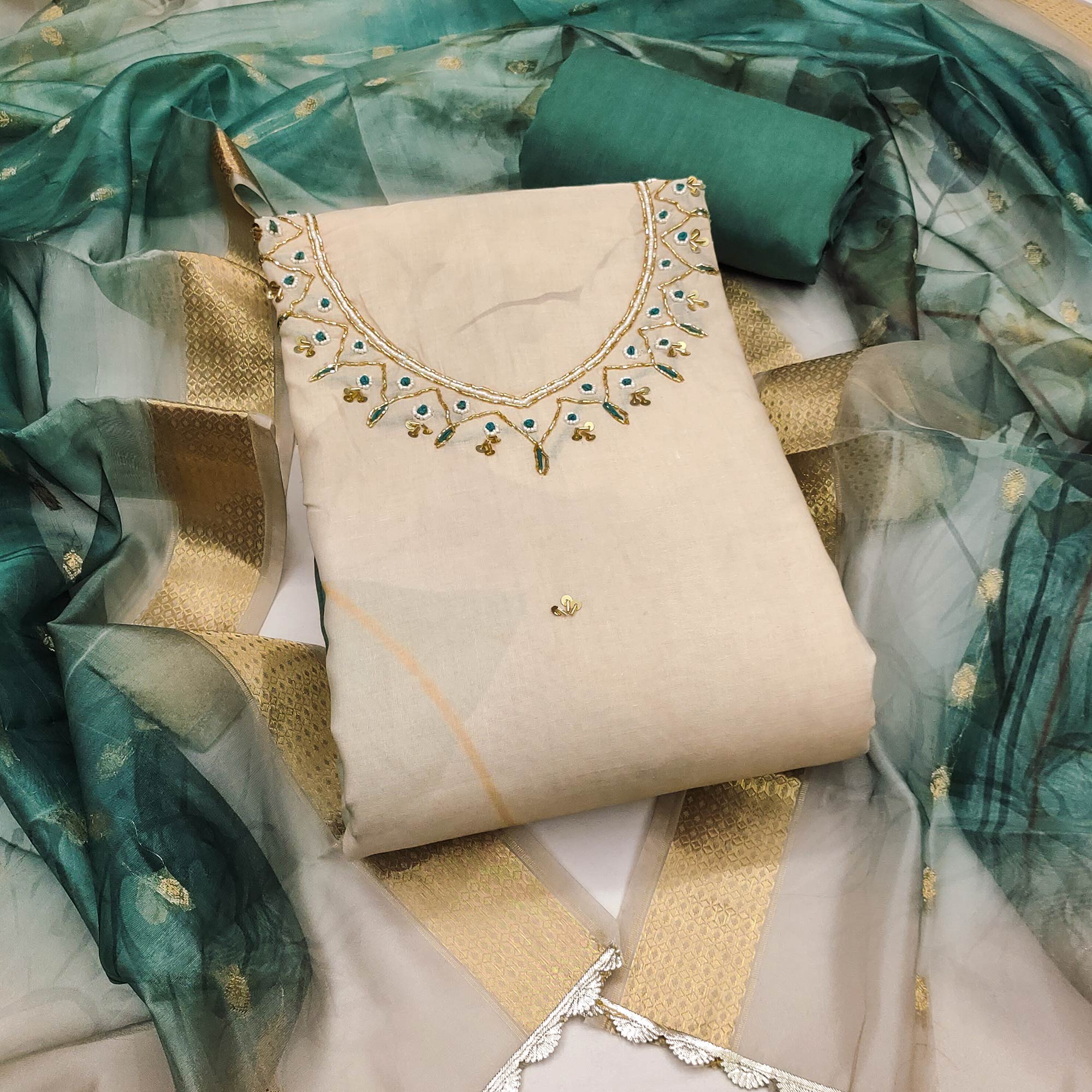 Green Cambric Cotton Dress Material Adorned With Floral Prints & Hand Moti Embellishment