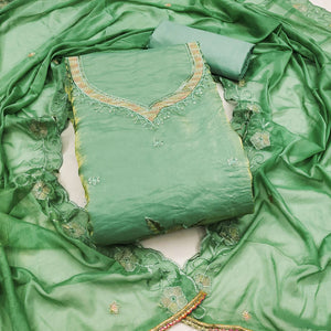 Green Ensemble With Floral Sequins Embroidery Detailing On Satin Viscose Dress Material