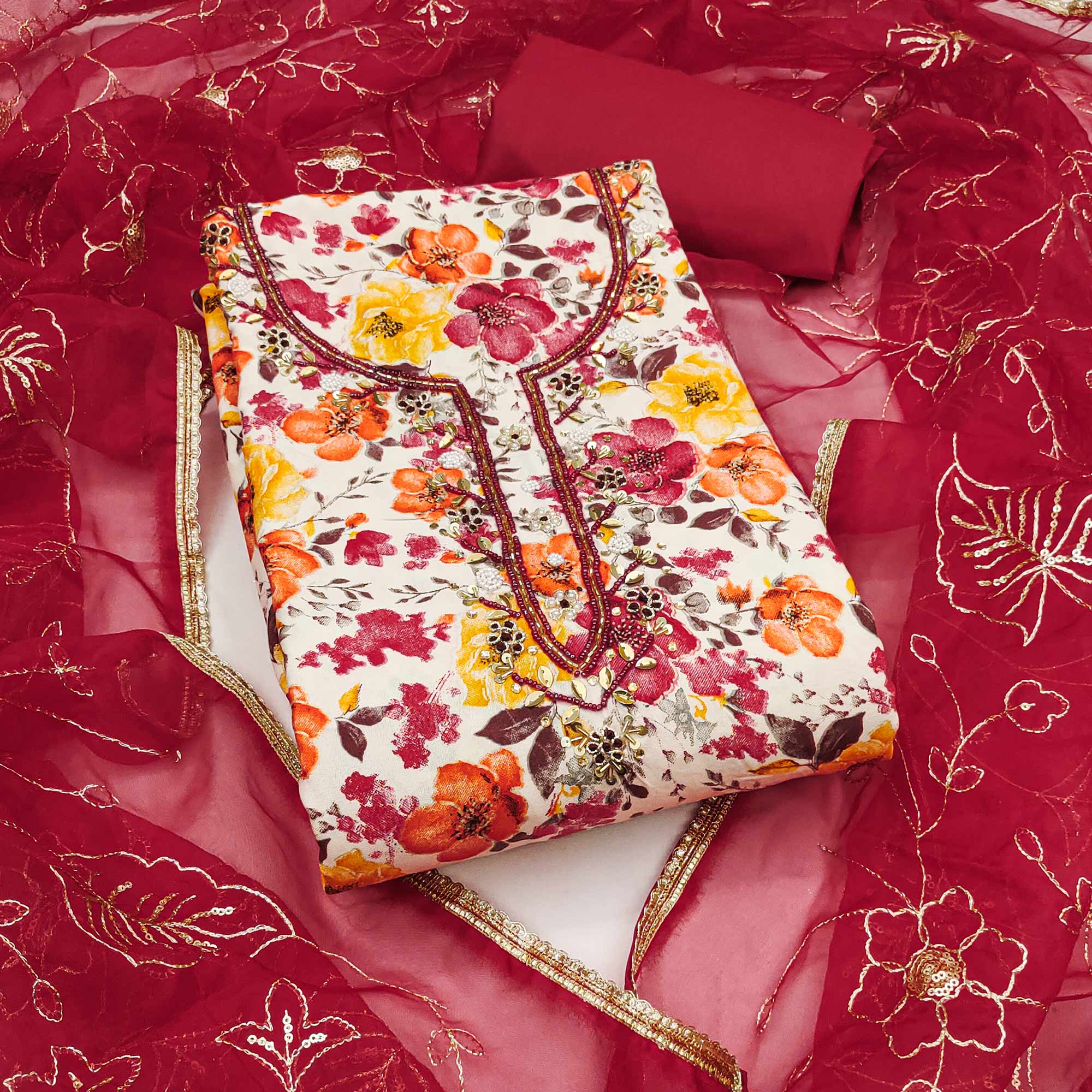Red Bloom Charm With Floral Print & Delicate Sequins & Moti Handwork Dress Material