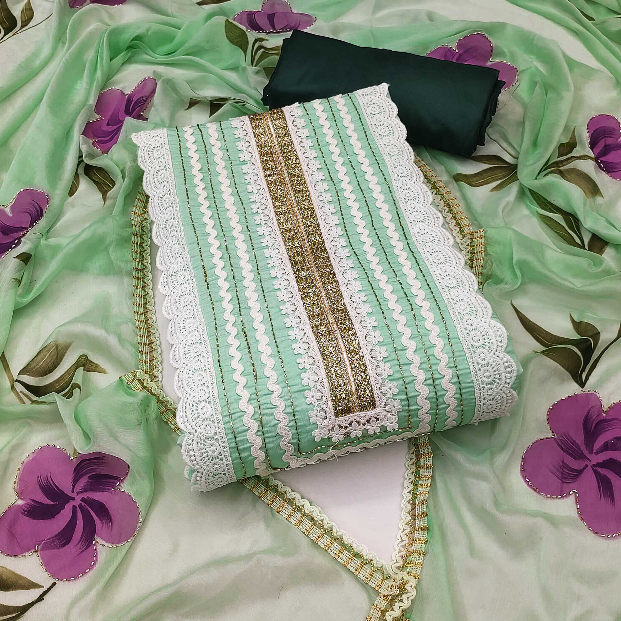 Sea Green Floral Printed With Intricate Handwork Embroidered Cotton Silk Dress Material