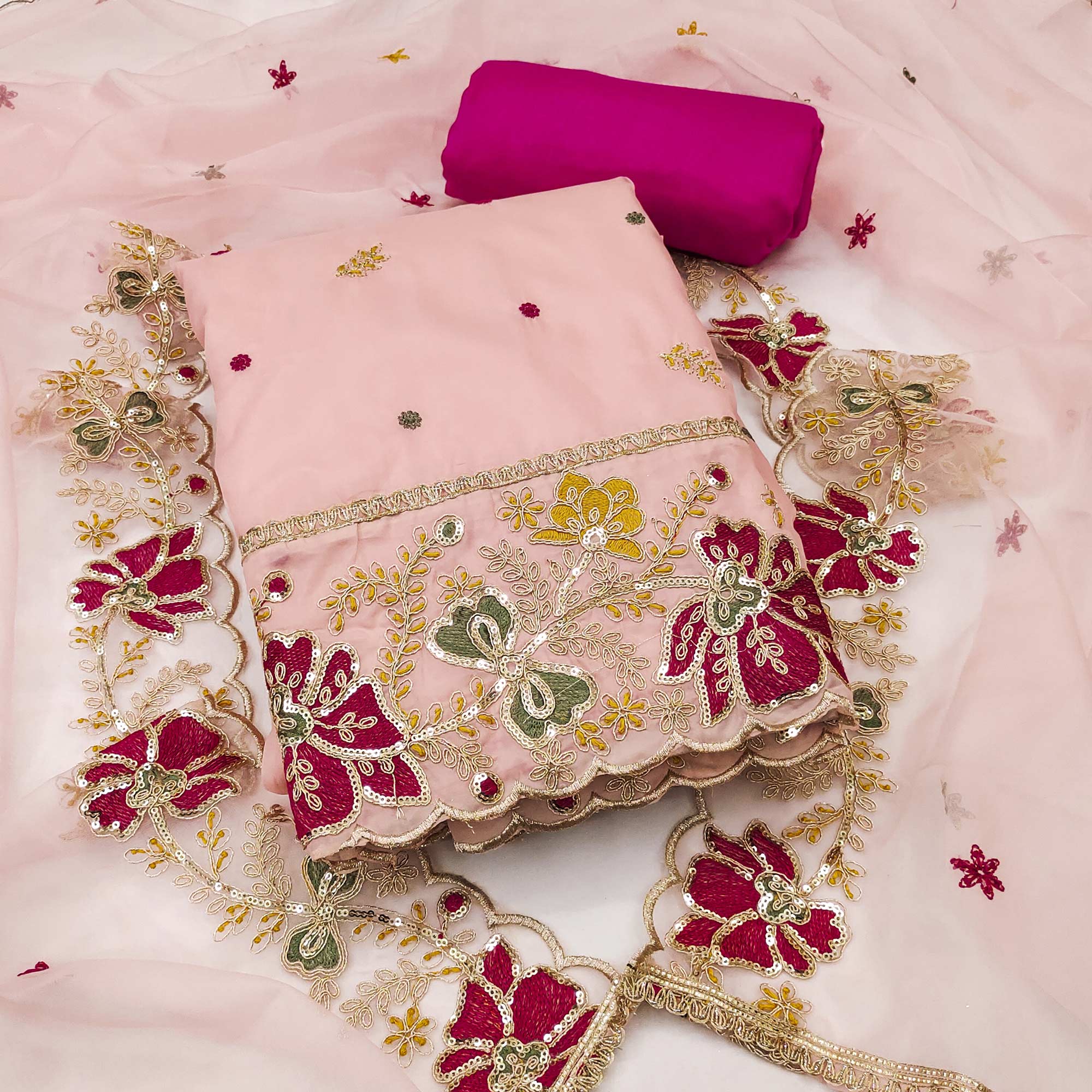 Peach Viscose Organza Dress Material Adorned with Cording & Sequin Embroidery Work