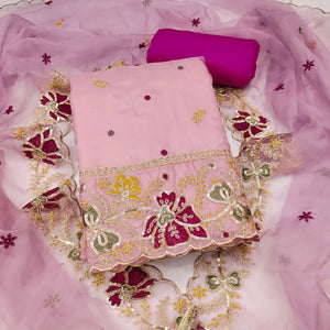 Pink Viscose Organza Dress Material Adorned with Cording & Sequin Embroidery Work