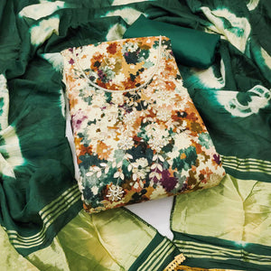 Green Pure Cotton Printed Dress Material Beautified With Moti & Sequins Hand Embellishment