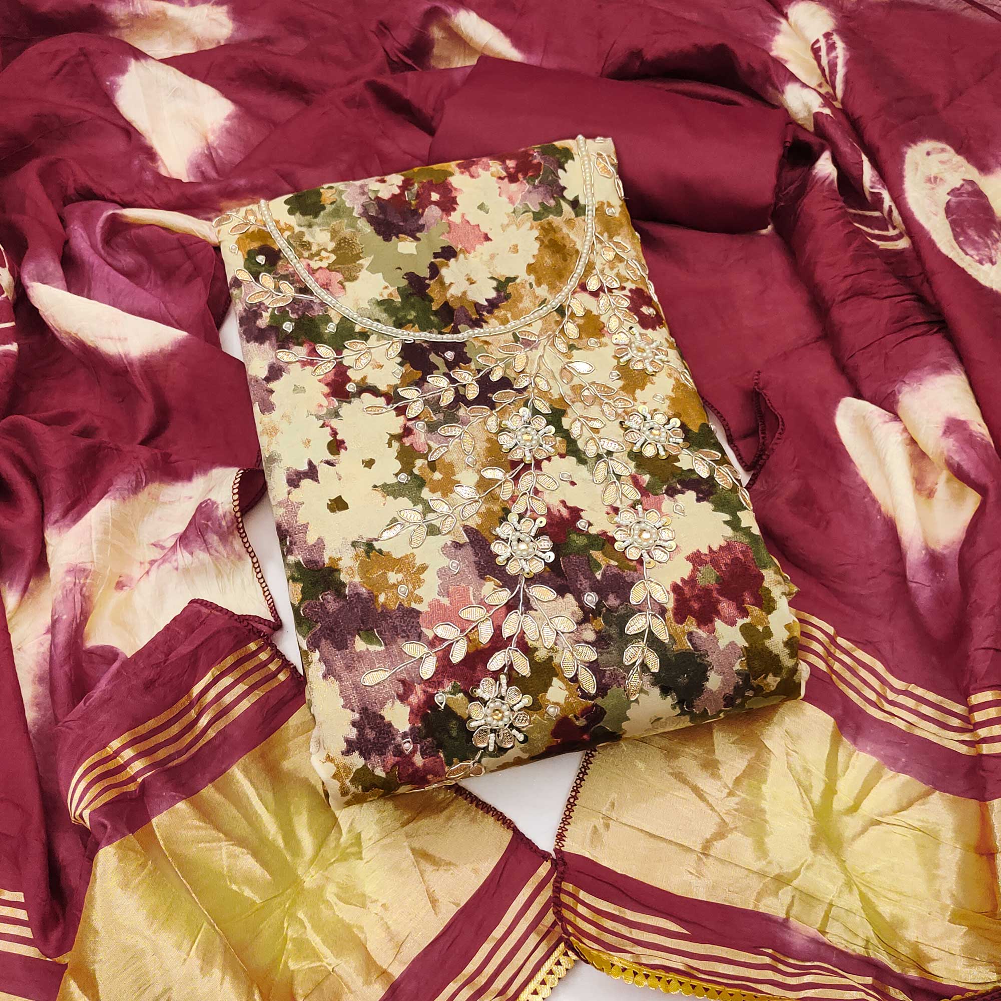 Maroon Pure Cotton Printed Dress Material Beautified With Moti & Sequins Hand Embellishment