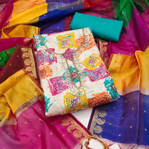 Turquoise Print & Delicate Moti With Gota Patti Work Cotton Silk Dress Material