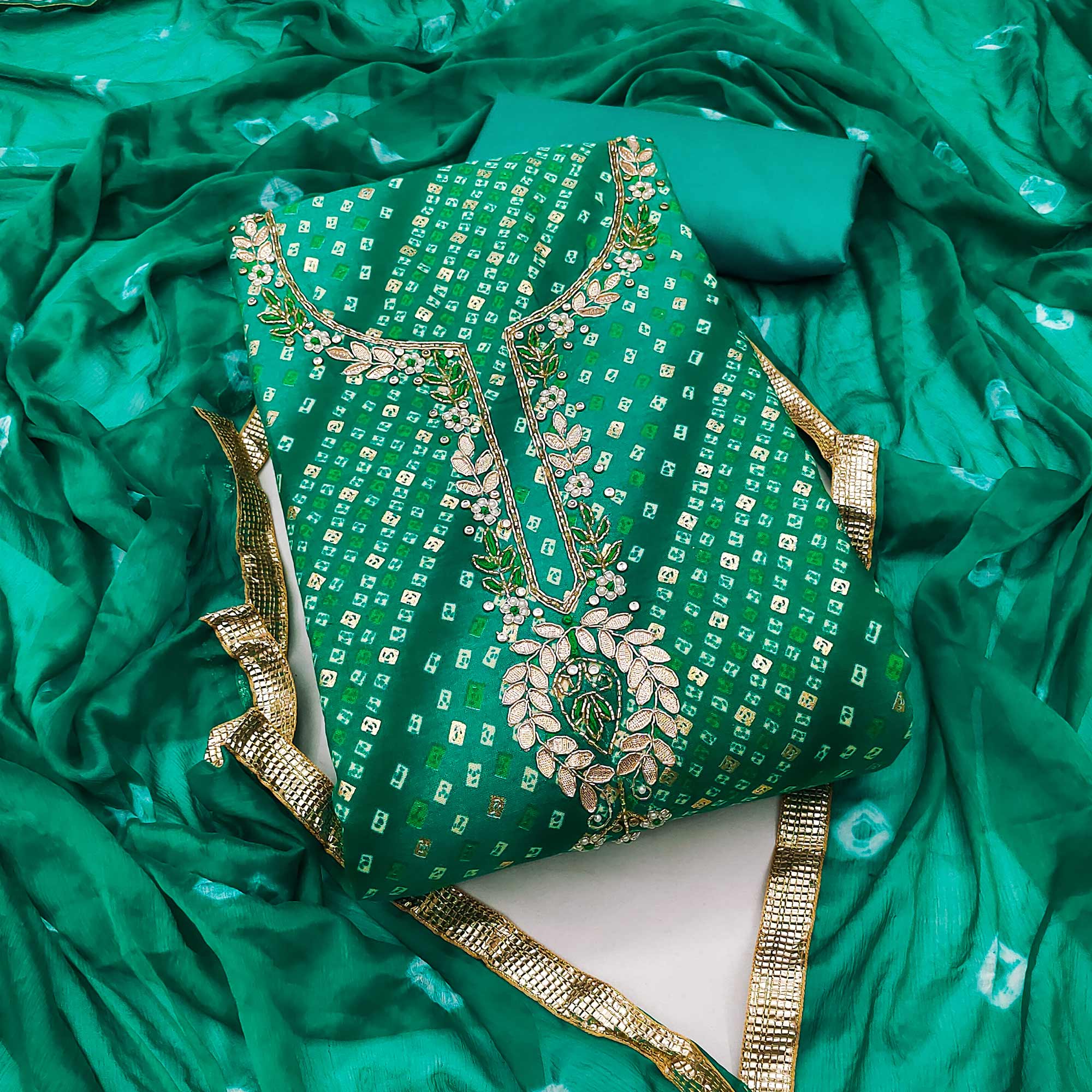 Green Bandhani Printed Pure Cotton Dress Material With Intricate Moti & Gota Patti Handwork