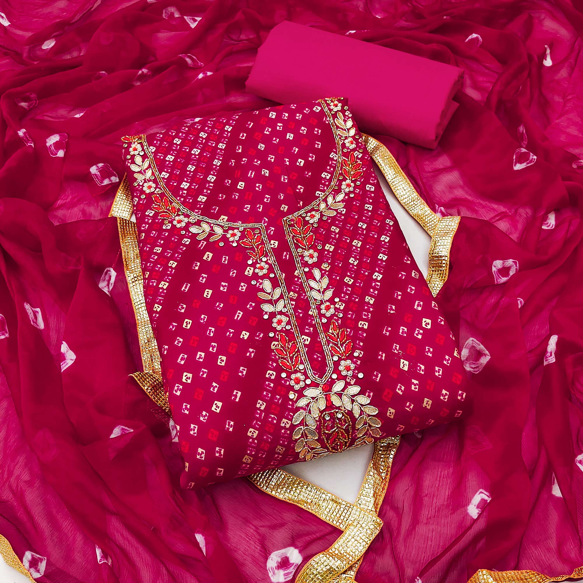 Pink Bandhani Printed Pure Cotton Dress Material With Intricate Moti & Gota Patti Handwork