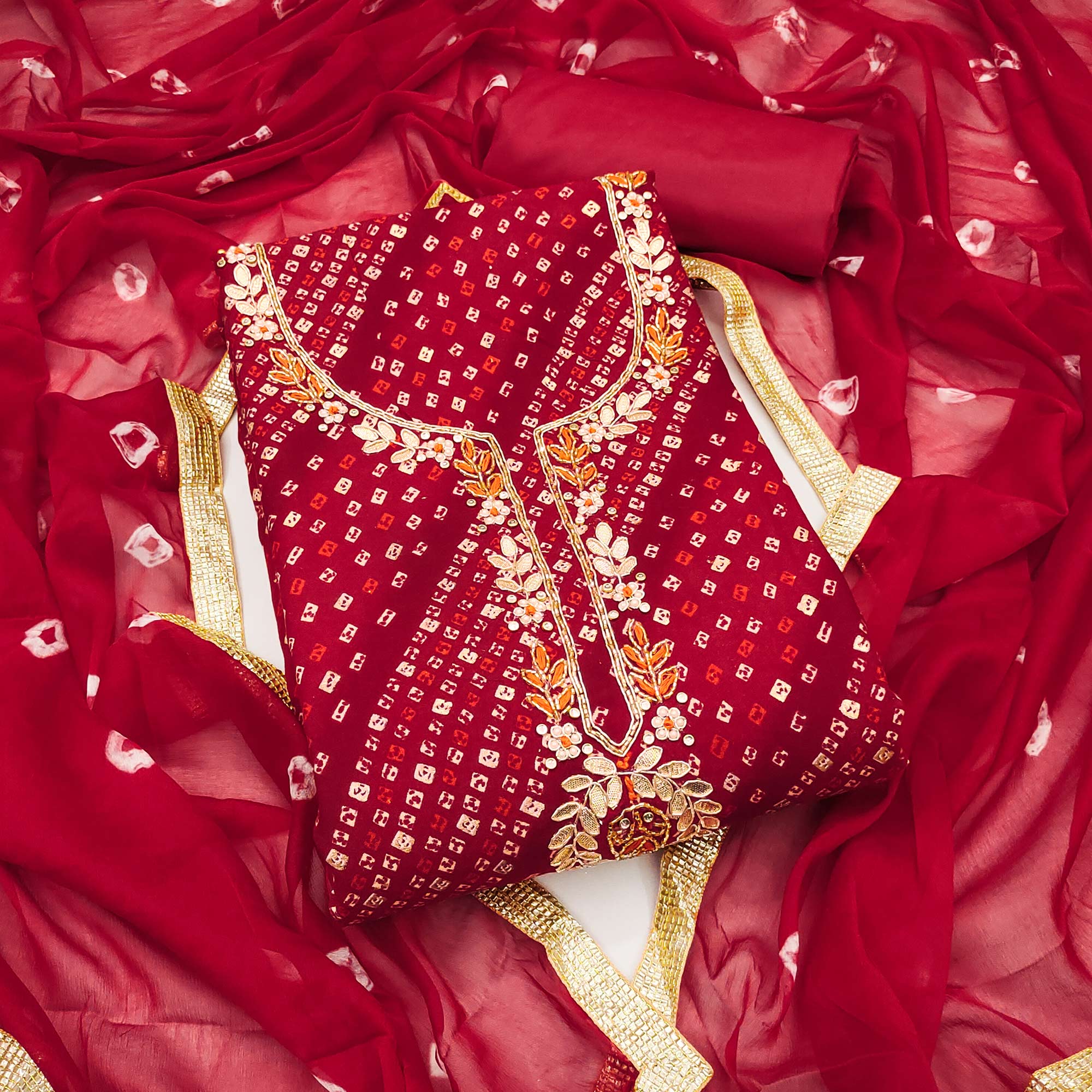 Red Bandhani Printed Pure Cotton Dress Material With Intricate Moti & Gota Patti Handwork