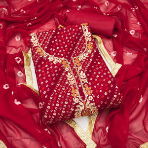 Red Bandhani Printed Pure Cotton Dress Material With Intricate Moti & Gota Patti Handwork
