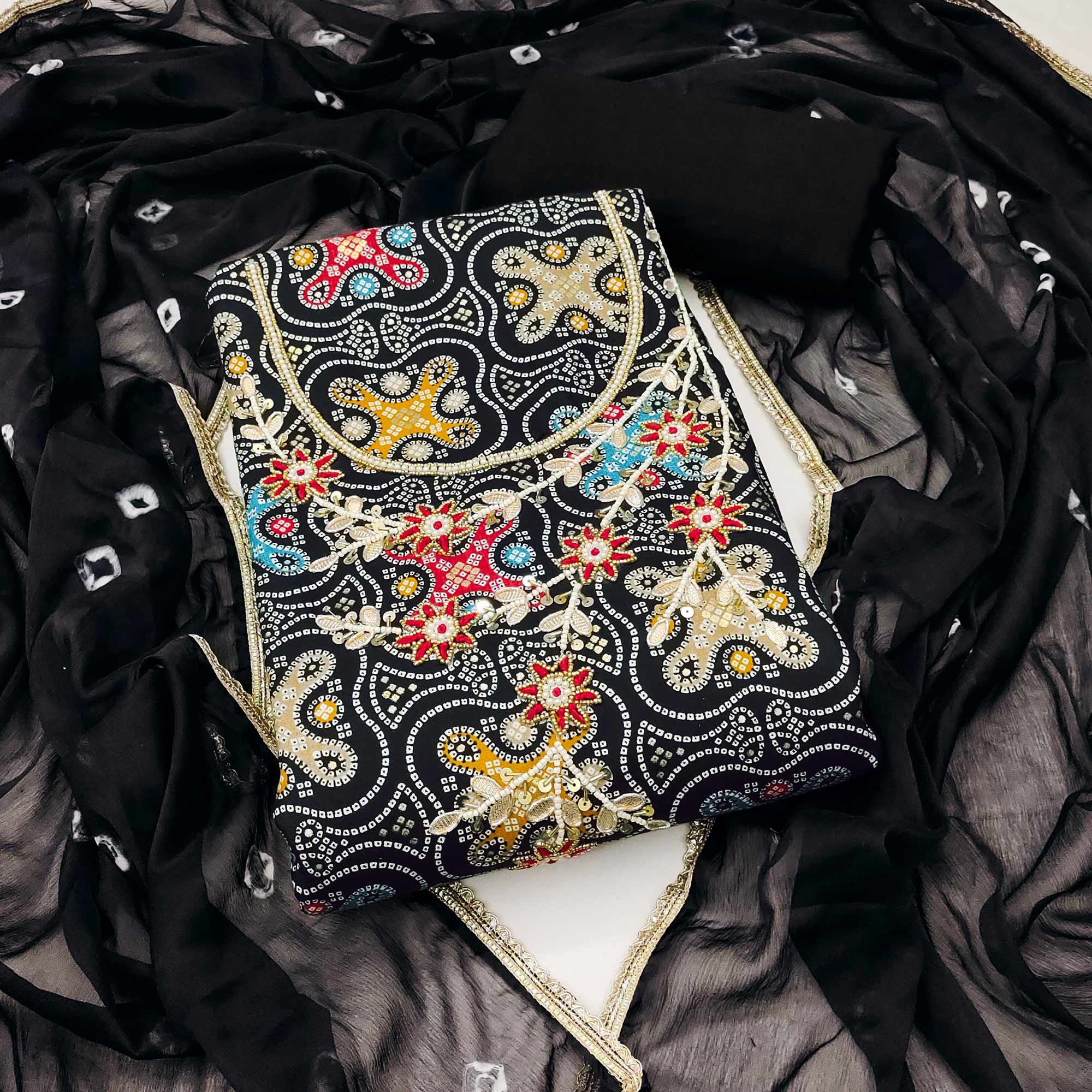 Black Bandhani Printed Pure Cotton Dress Material With Delicate Moti & Gota Patti Handwork