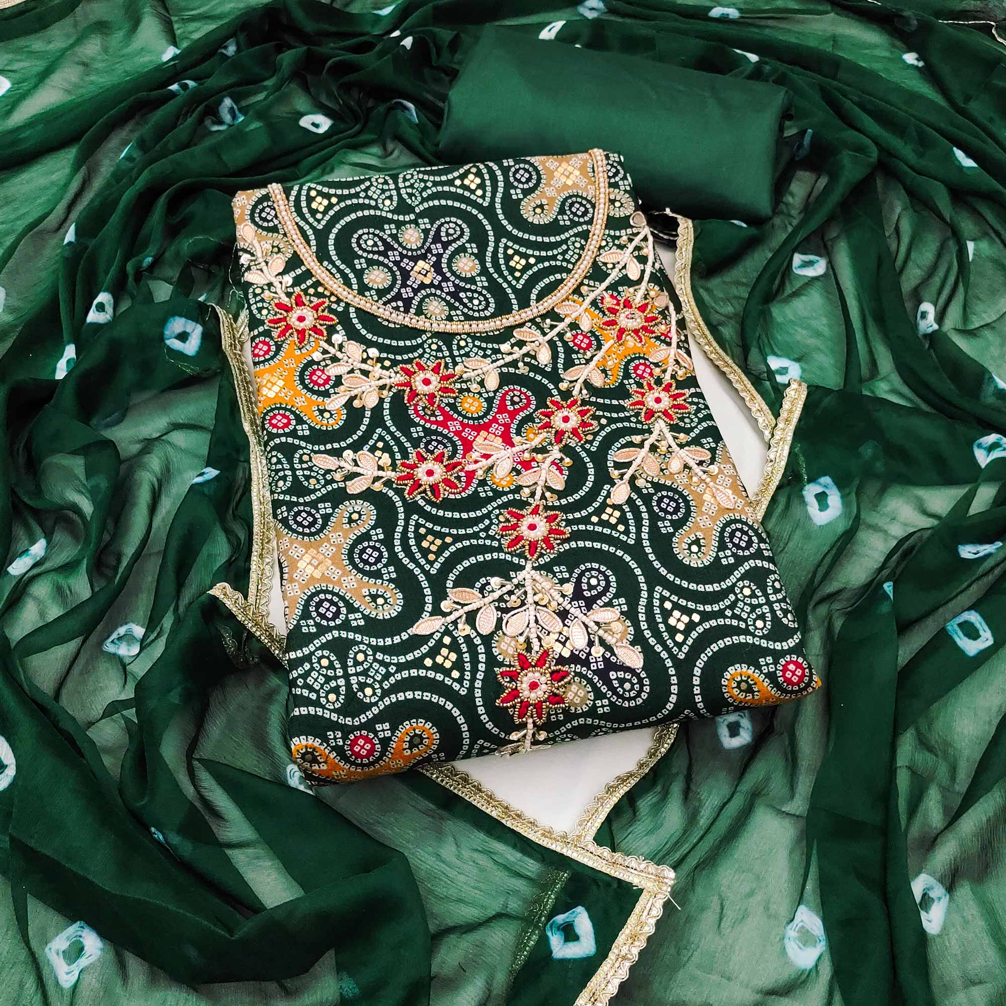Green Bandhani Printed Pure Cotton Dress Material With Delicate Moti & Gota Patti Handwork