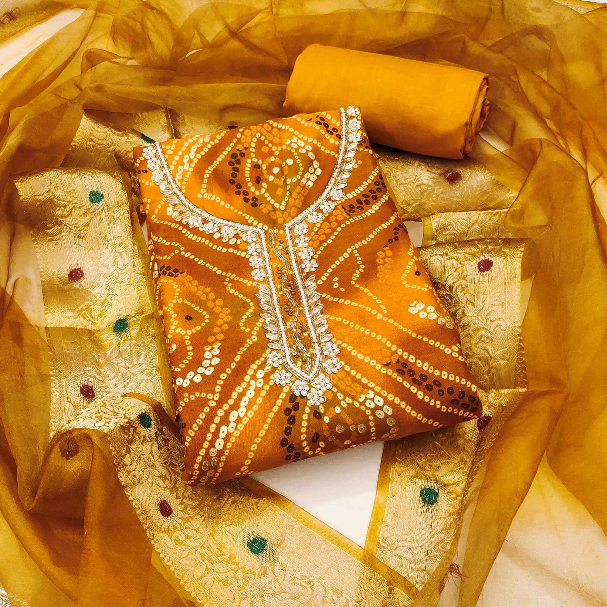 Mustard Bandhani Printed Pure Cotton Dress Material With Artistic Moti & Gota Patti Handwork