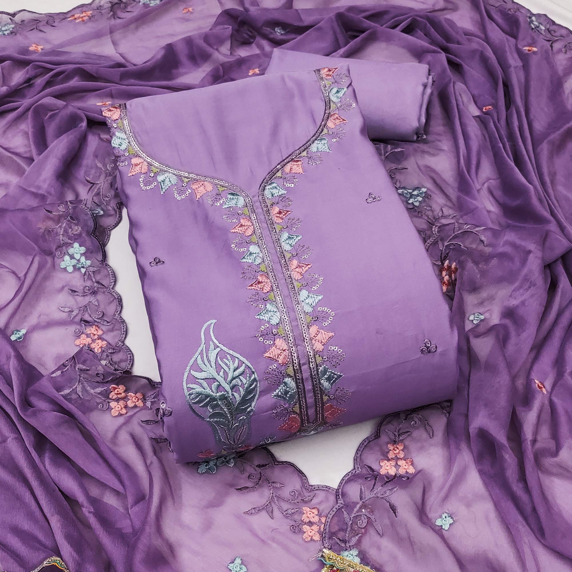 Lavender Dress Material In Cotton Silk With Floral Embroidery & Sequin Accents