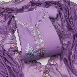 Lavender Dress Material In Cotton Silk With Floral Embroidery & Sequin Accents