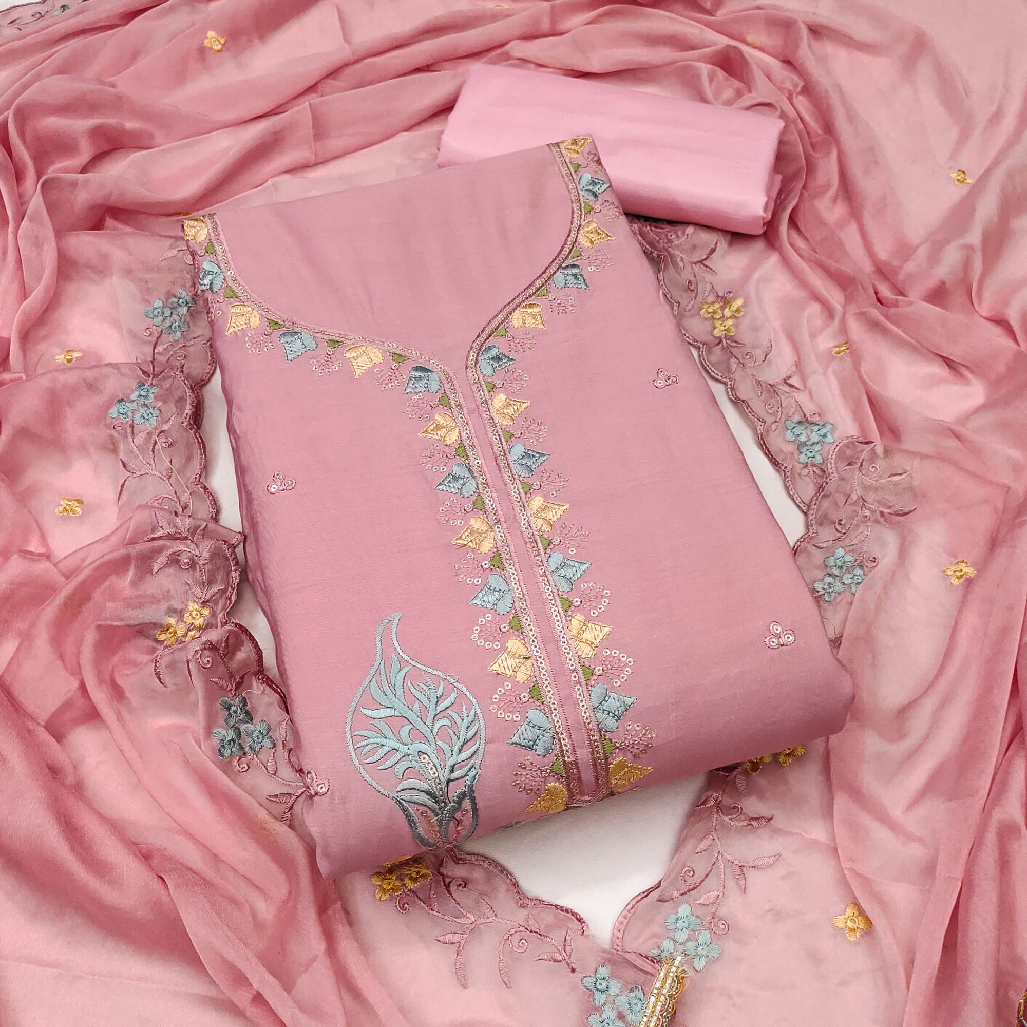 Peach Dress Material In Cotton Silk With Floral Embroidery & Sequin Accents