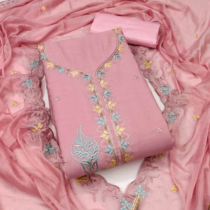 Peach Dress Material In Cotton Silk With Floral Embroidery & Sequin Accents