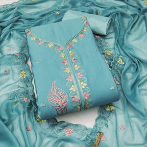 Turquoise Dress Material In Cotton Silk With Floral Embroidery & Sequin Accents