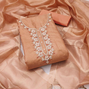 Peach Shimmer Cotton  Pure Cotton Dress Material With Intricate Moti & Stones Handwork