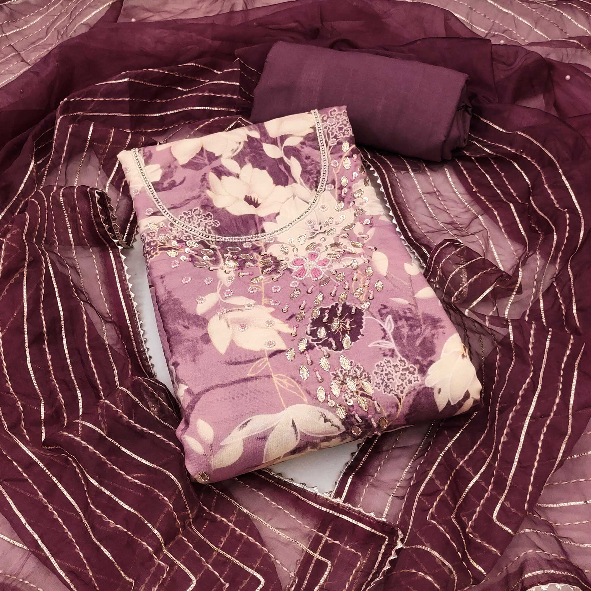 Mauve Floral Printed With Intricate Moti & Sequins Handwork Cotton Silk Dress Material