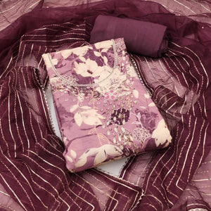 Mauve Floral Printed With Intricate Moti & Sequins Handwork Cotton Silk Dress Material