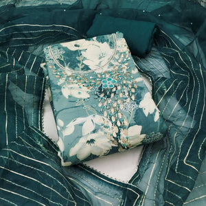 Teal Floral Printed With Intricate Moti & Sequins Handwork Cotton Silk Dress Material