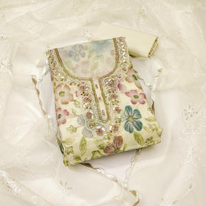 Light Yellow Delight Floral Printed With Moti & Sequins Handwork Viscose Dress Material