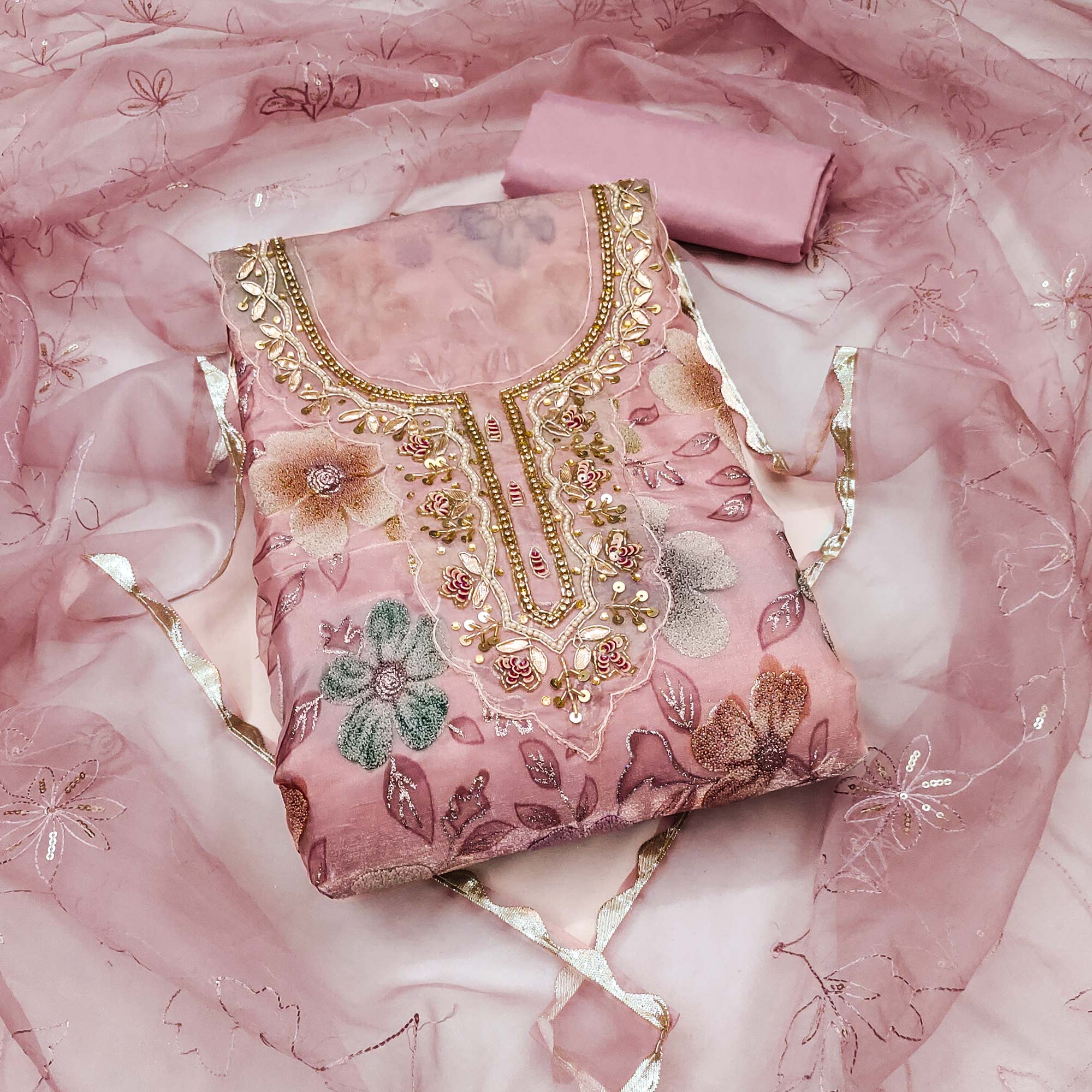 Peach Delight Floral Printed With Moti & Sequins Handwork Viscose Dress Material