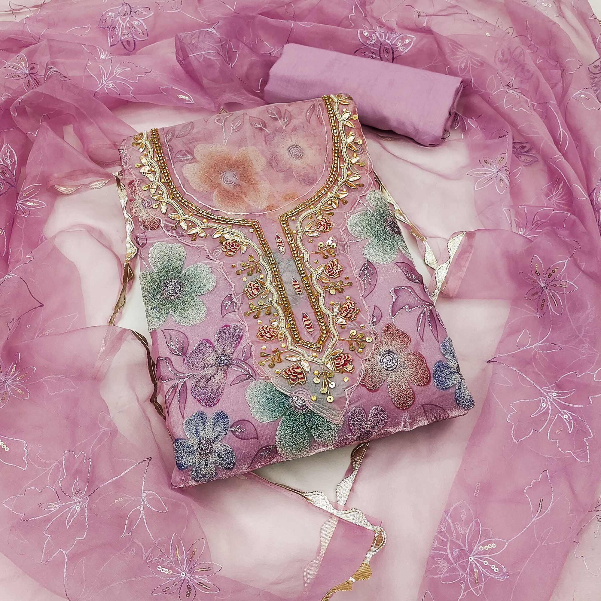 Pink Delight Floral Printed With Moti & Sequins Handwork Viscose Dress Material