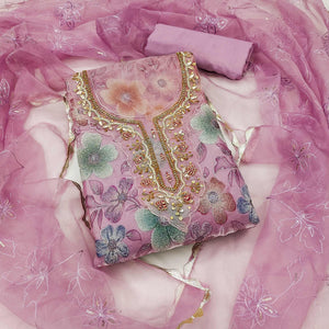 Pink Delight Floral Printed With Moti & Sequins Handwork Viscose Dress Material