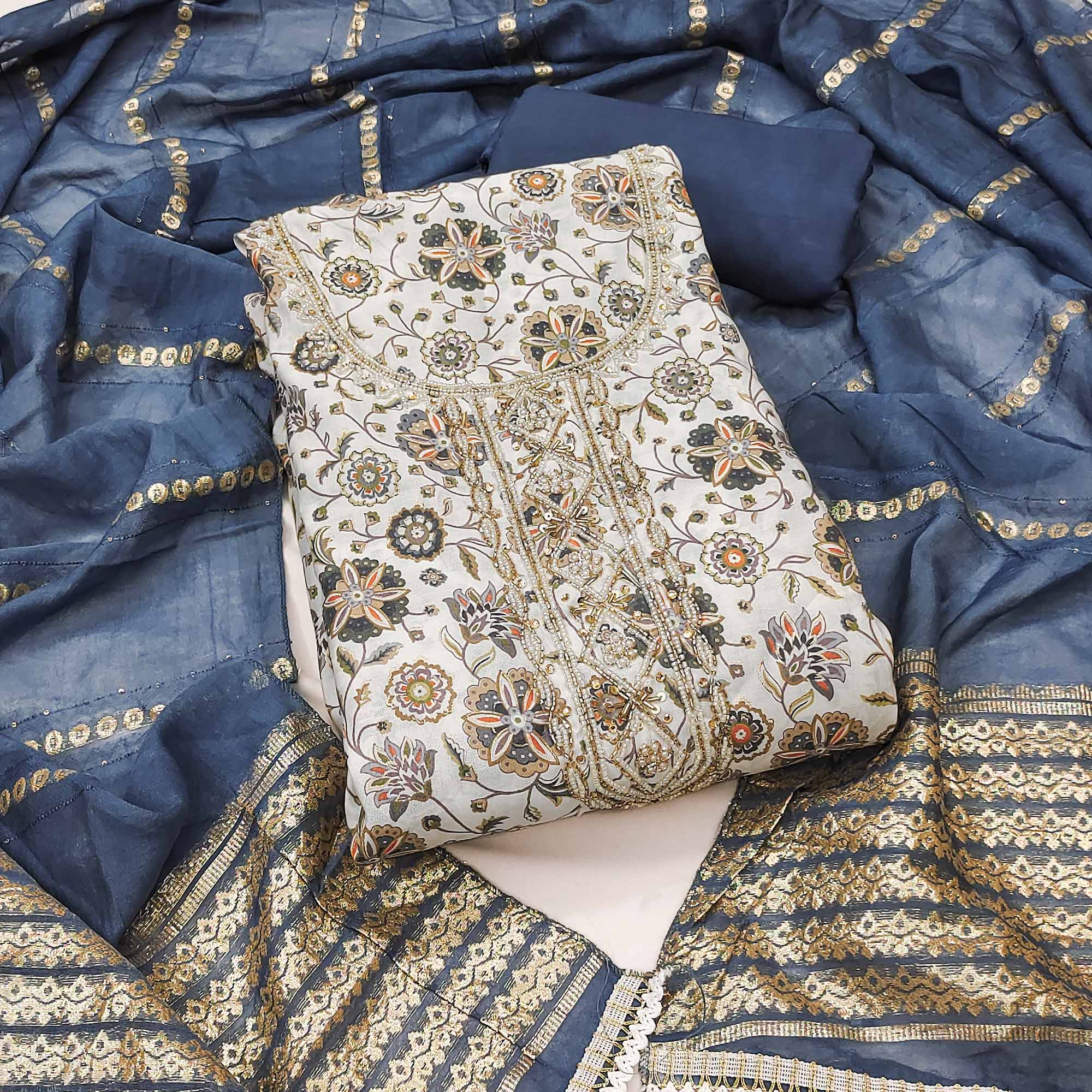 Grey Floral Printed Roman Cotton Silk Dress Material With Intricate Moti & Sequins Handwork