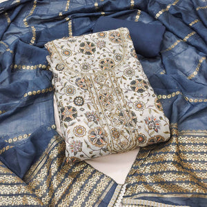 Grey Floral Printed Roman Cotton Silk Dress Material With Intricate Moti & Sequins Handwork