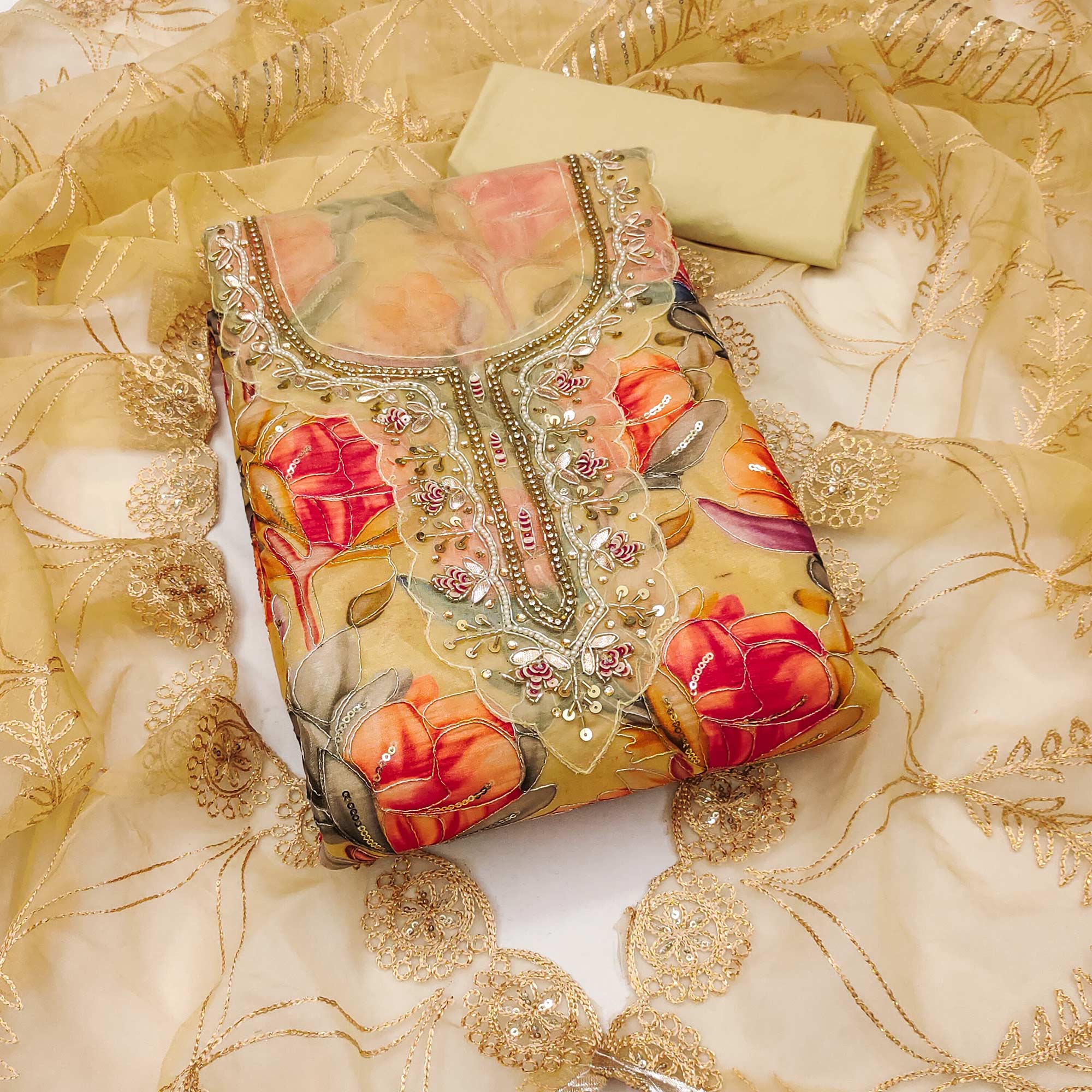 Chikoo Bloom Charm With Floral Print & Delicate Sequins & Moti Handwork Dress Material