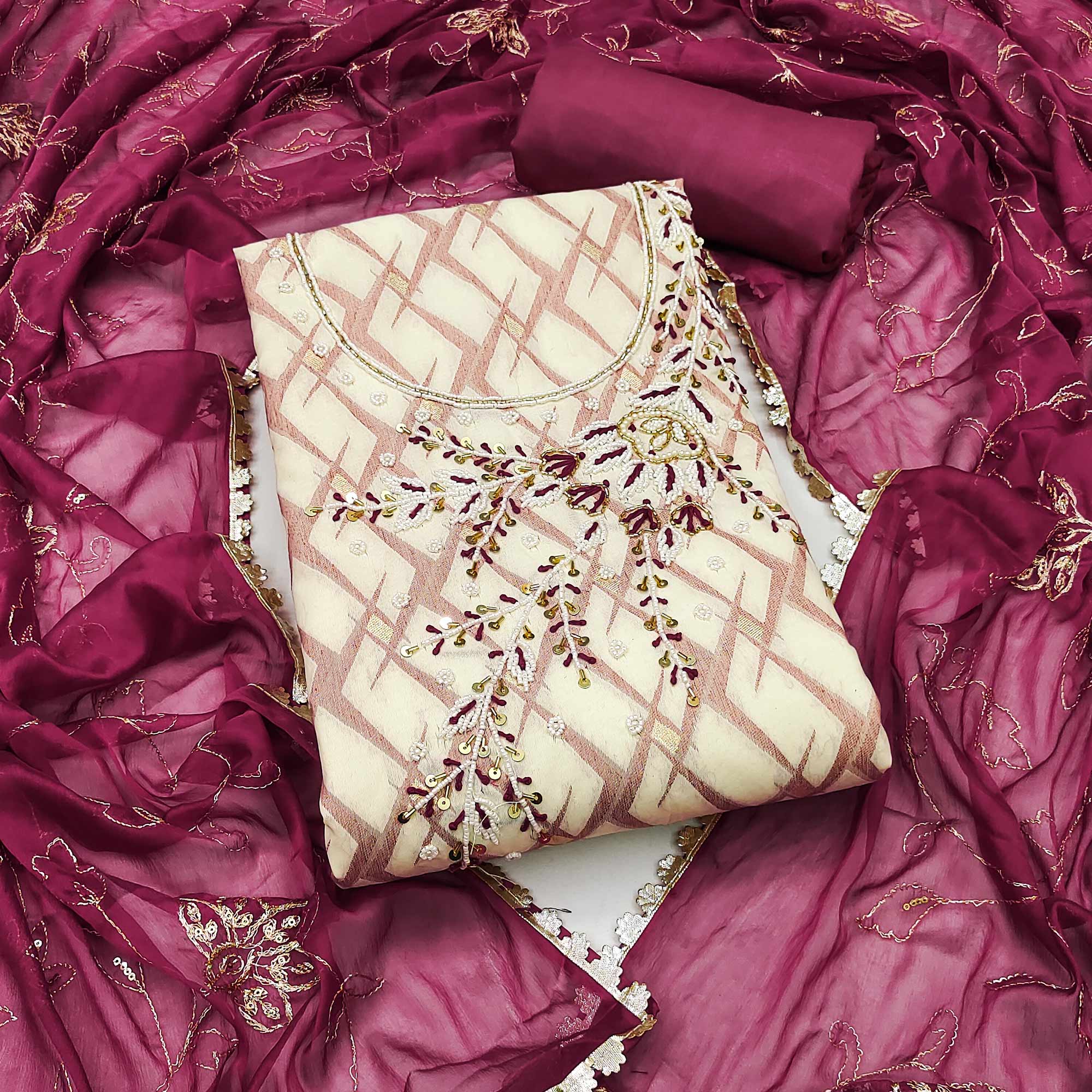 Wine Woven Banarasi Silk Dress Material With Intricate Moti & Sequins Handwork