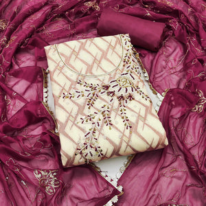 Wine Woven Banarasi Silk Dress Material With Intricate Moti & Sequins Handwork